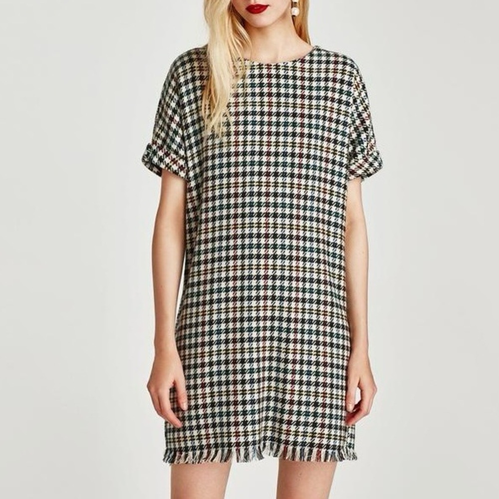 ZARA Tweed Houndstooth Dress XS Multicolor Fringe Hem Loose Fit - Picture 2 of 10